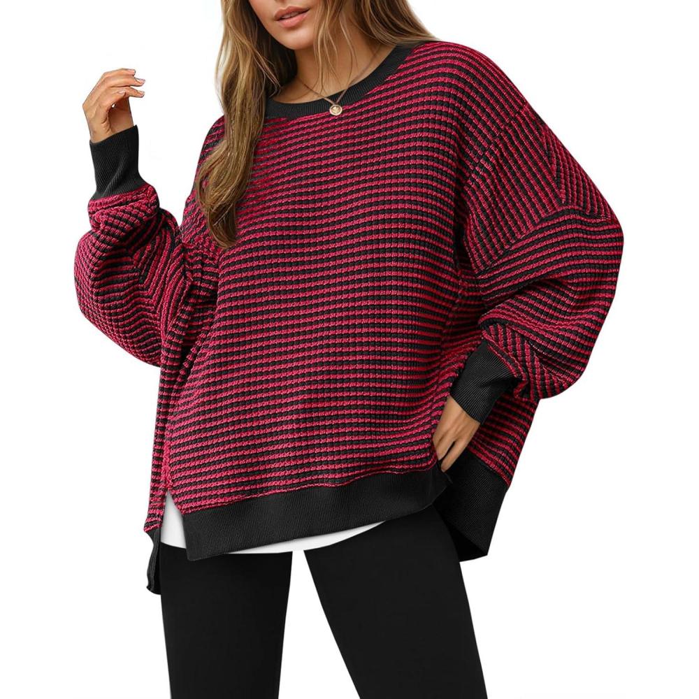 image:imageFisoew Womens Fall Oversized Sweatshirt Casual Waffle Knit Long Sleeve Crewneck Split Pullover Tunic TopsRed