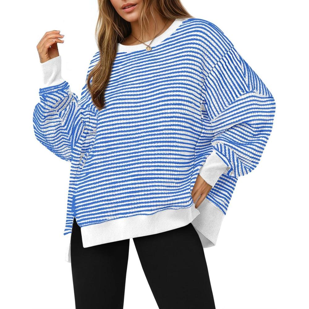 image:imageFisoew Womens Fall Oversized Sweatshirt Casual Waffle Knit Long Sleeve Crewneck Split Pullover Tunic TopsWhite