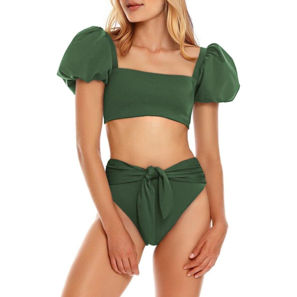 image:imageFisoew Womens High Waist Bikini Sets Tie Knot Tummy Control Swimwear 2 Piece SwimsuitsGreen