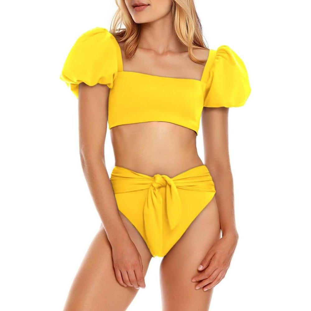 image:imageFisoew Womens High Waist Bikini Sets Tie Knot Tummy Control Swimwear 2 Piece SwimsuitsYellow