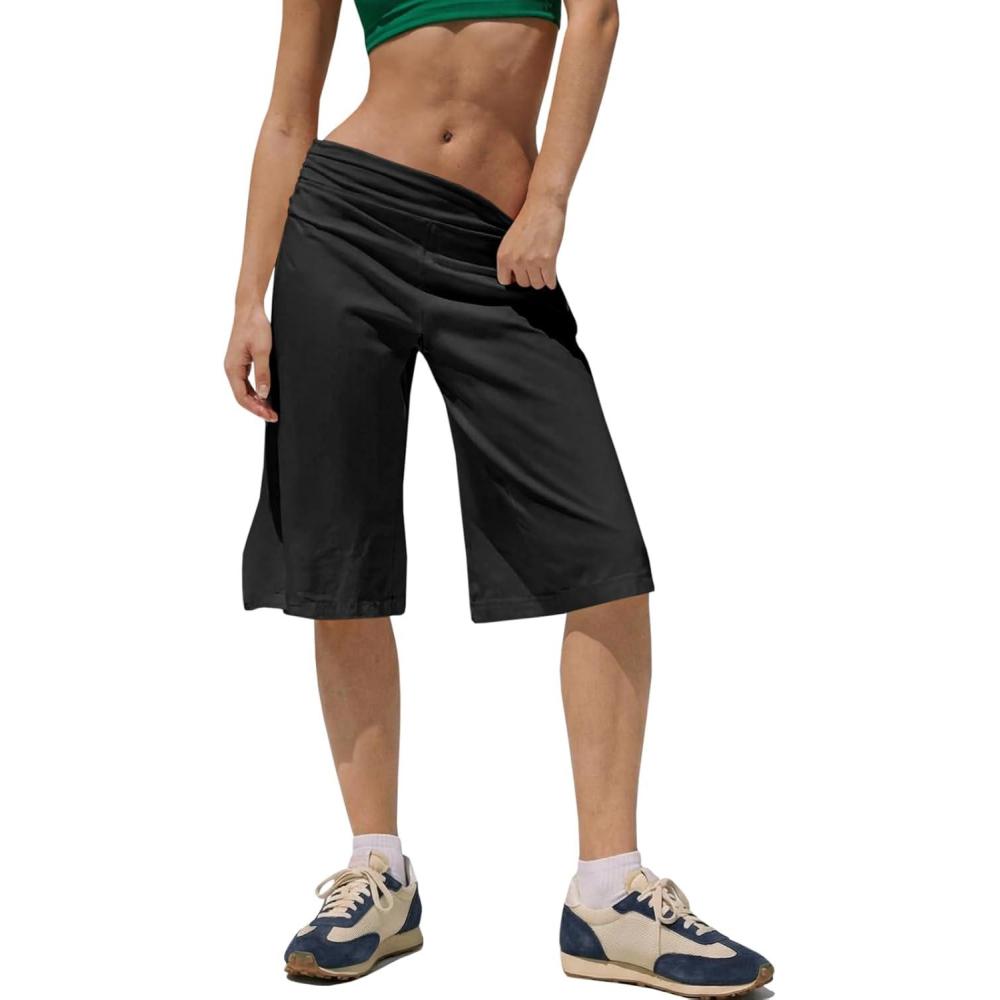 image:imageFisoew Womens High Waisted Bermuda Long Shorts with Pocket Workout Wide Leg Loose Knee Length Shorts Cotton Short Pants 11Black