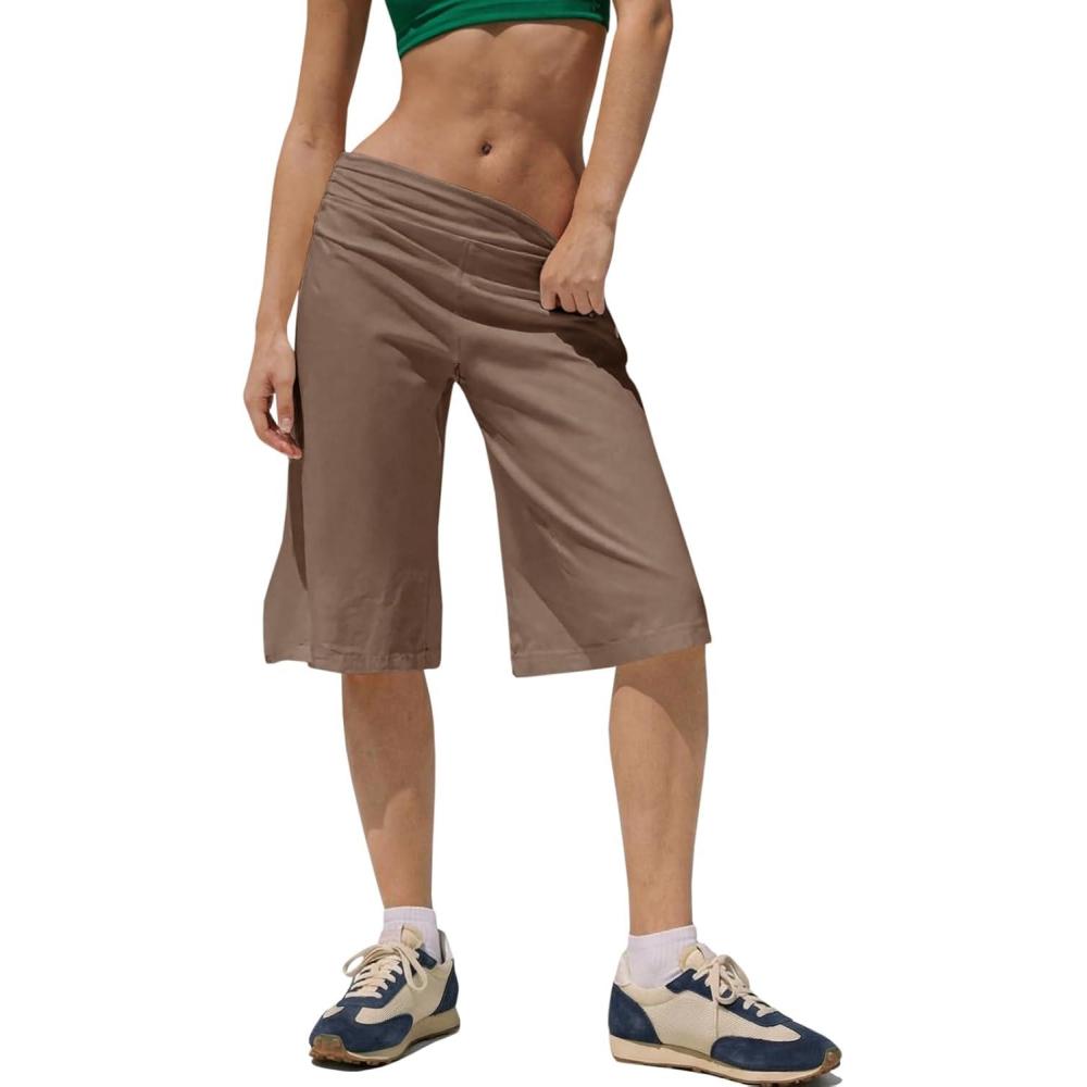 image:imageFisoew Womens High Waisted Bermuda Long Shorts with Pocket Workout Wide Leg Loose Knee Length Shorts Cotton Short Pants 11Coffee
