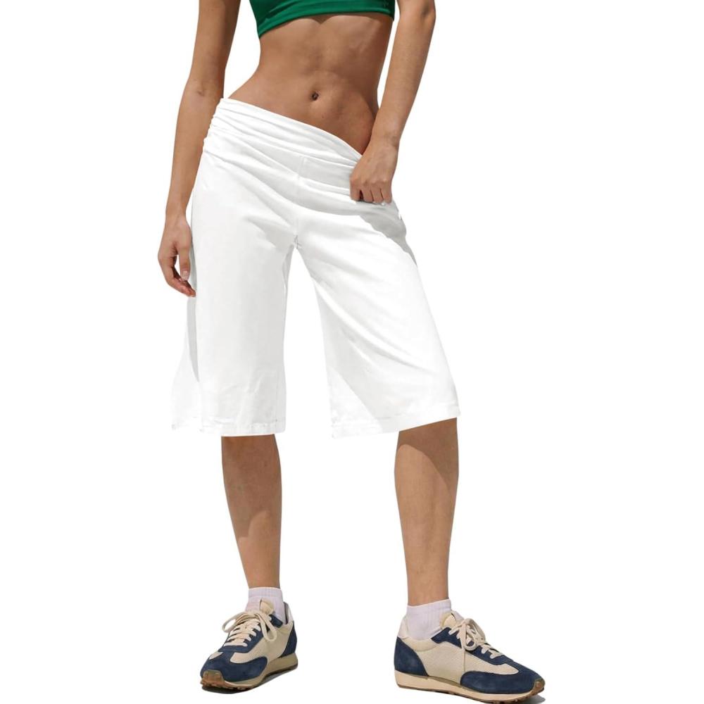 image:imageFisoew Womens High Waisted Bermuda Long Shorts with Pocket Workout Wide Leg Loose Knee Length Shorts Cotton Short Pants 11White