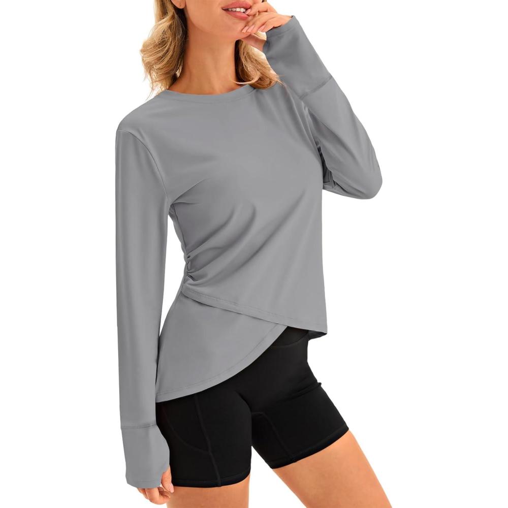 image:imageFisoew Womens Long Sleeve Workout Tops Athletic Compression Shirts Crew Neck Cross Hem Running Yoga Active ShirtsGrey