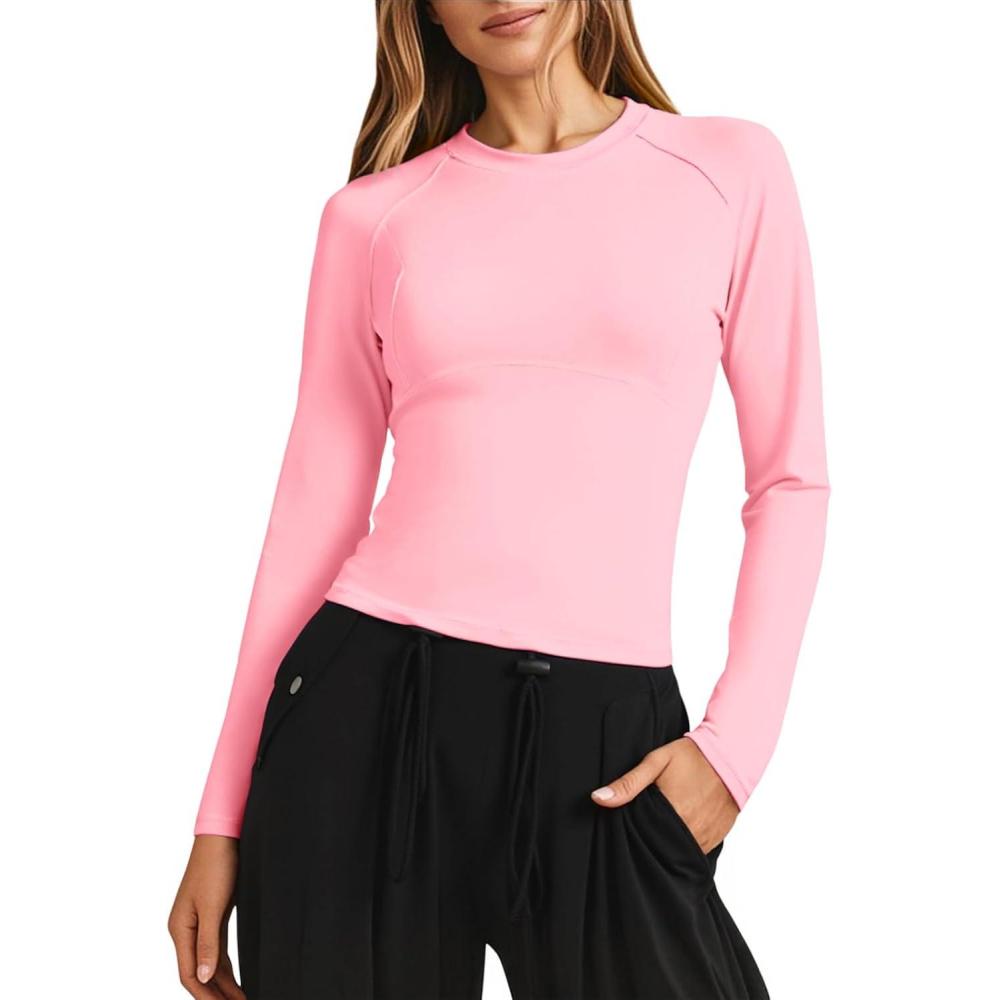 image:imageFisoew Womens Long Sleeve Workout Tops Athletic Shirts Crew Neck Compression Yoga Active T ShirtPink