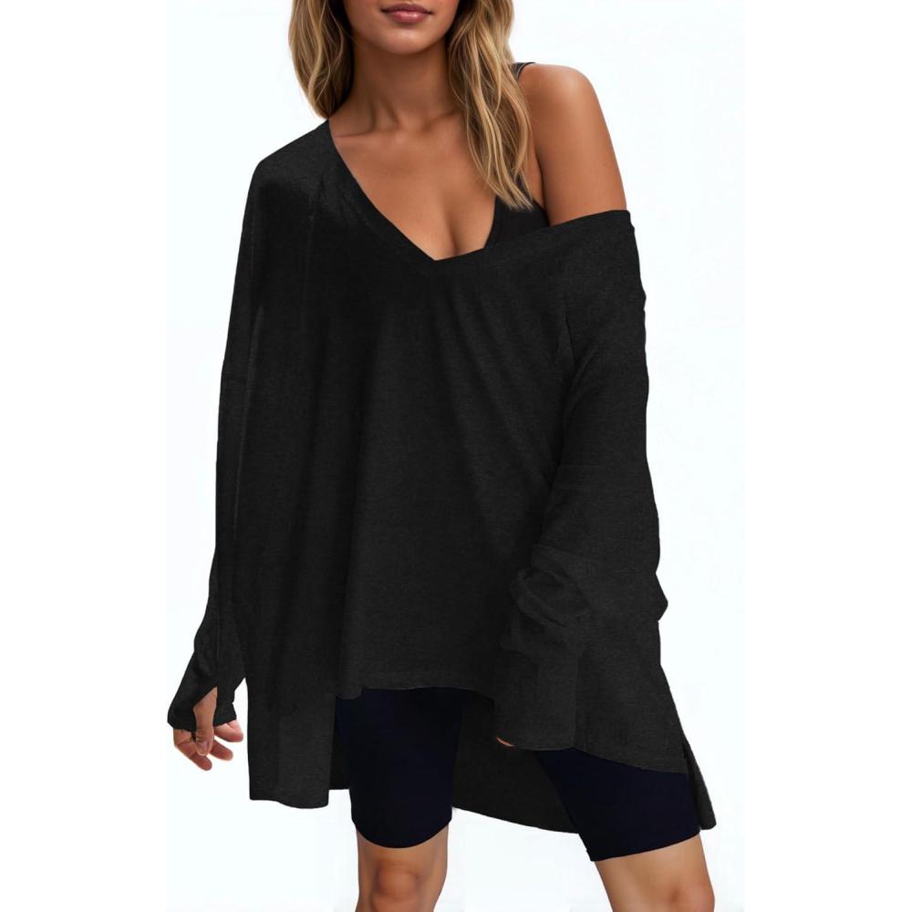 image:imageFisoew Womens Long Sleeve Workout Tops Oversized Activewear Tunic V Neck Atheletic Yoga Shrits with Thumb HolesBlack