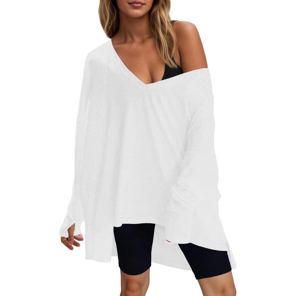 image:imageFisoew Womens Long Sleeve Workout Tops Oversized Activewear Tunic V Neck Atheletic Yoga Shrits with Thumb HolesWhite