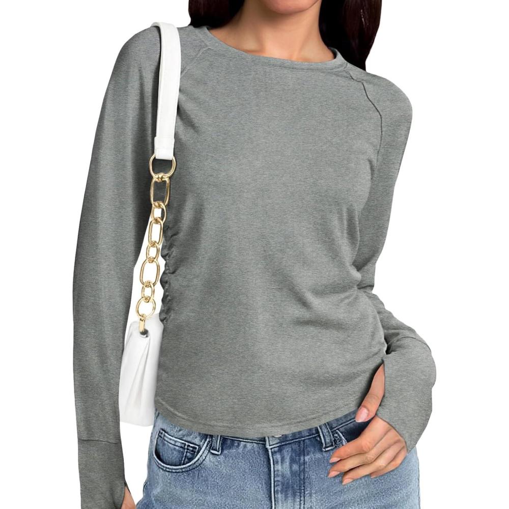 image:imageFisoew Womens Long Sleeve Workout Yoga Tops Fall Crewneck Athletic Running T Shirts with Thumb HolesGrey