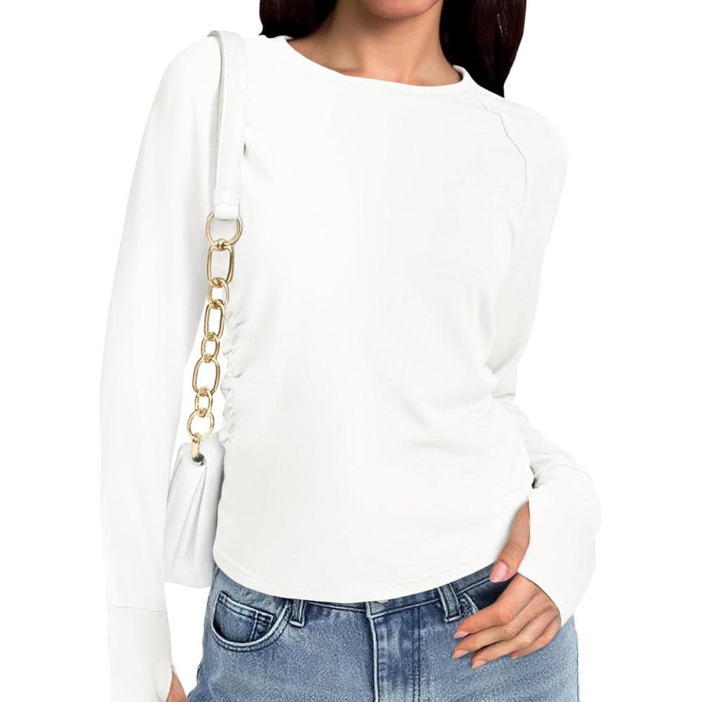 image:imageFisoew Womens Long Sleeve Workout Yoga Tops Fall Crewneck Athletic Running T Shirts with Thumb HolesWhite