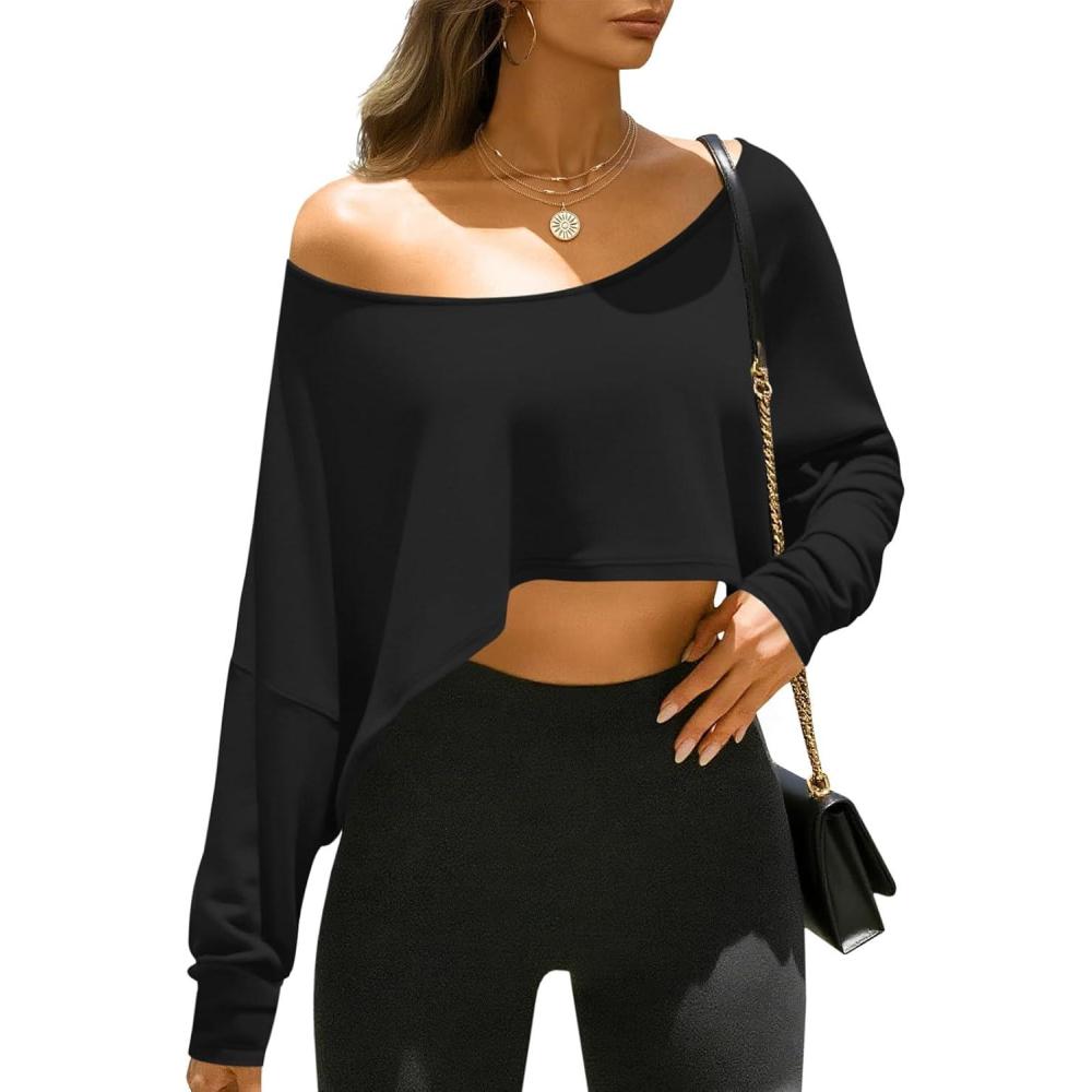 image:imageFisoew Womens Off The Shoulder Cropped Tops Batwing Long Sleeve Loose Fit Summer Boat Neck Workout T ShirtsBlack