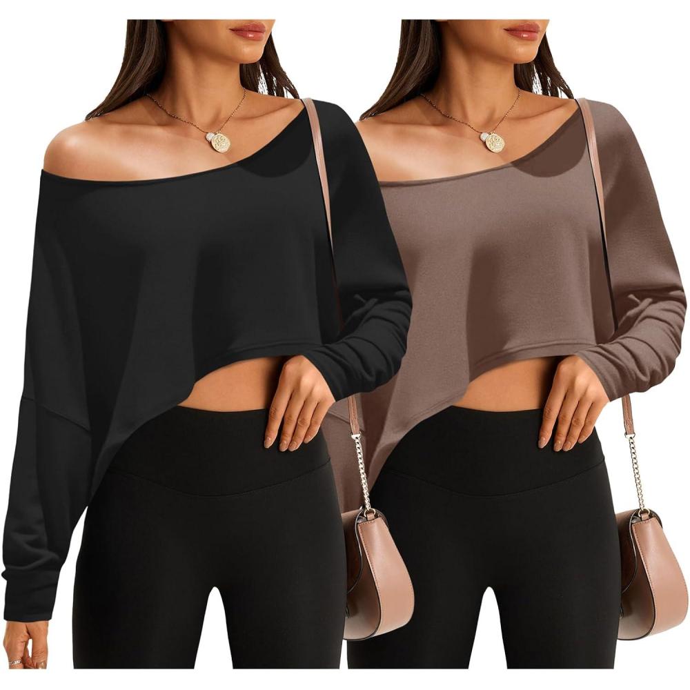 image:imageFisoew Womens Off The Shoulder Cropped Tops Batwing Long Sleeve Loose Fit Summer Boat Neck Workout T ShirtsBlackbrown