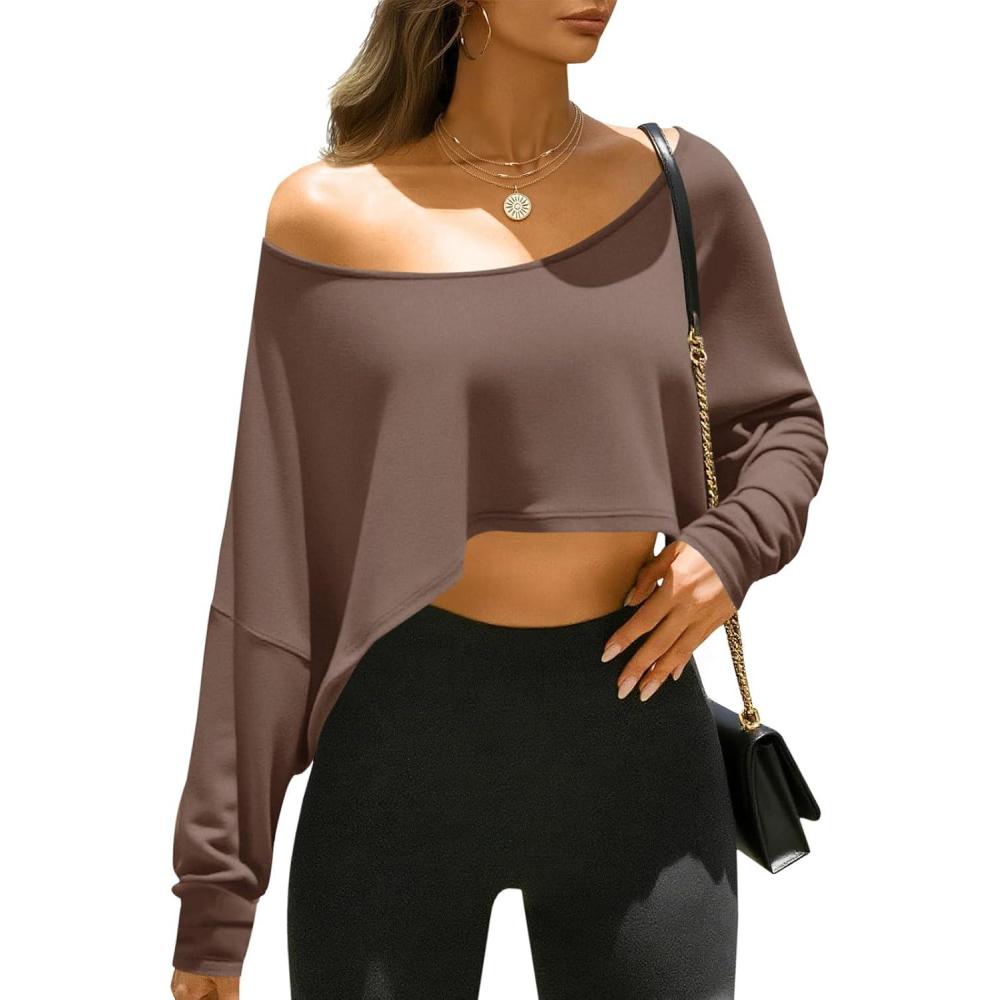 image:imageFisoew Womens Off The Shoulder Cropped Tops Batwing Long Sleeve Loose Fit Summer Boat Neck Workout T ShirtsBrown