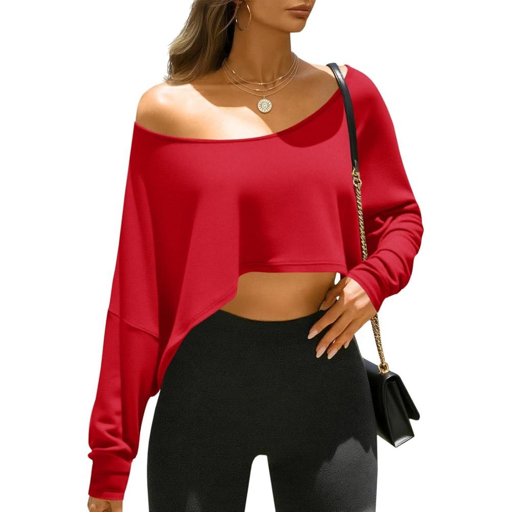 image:imageFisoew Womens Off The Shoulder Cropped Tops Batwing Long Sleeve Loose Fit Summer Boat Neck Workout T ShirtsRed