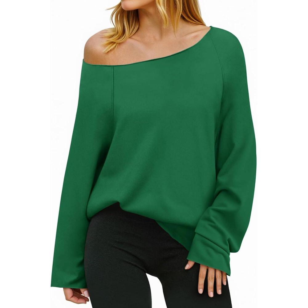 image:imageFisoew Womens Off The Shoulder Tops Sweatshirts Lightweight Oversized Pullovers Long Sleeve Y2k Loose Fit Tunic TopsGreen