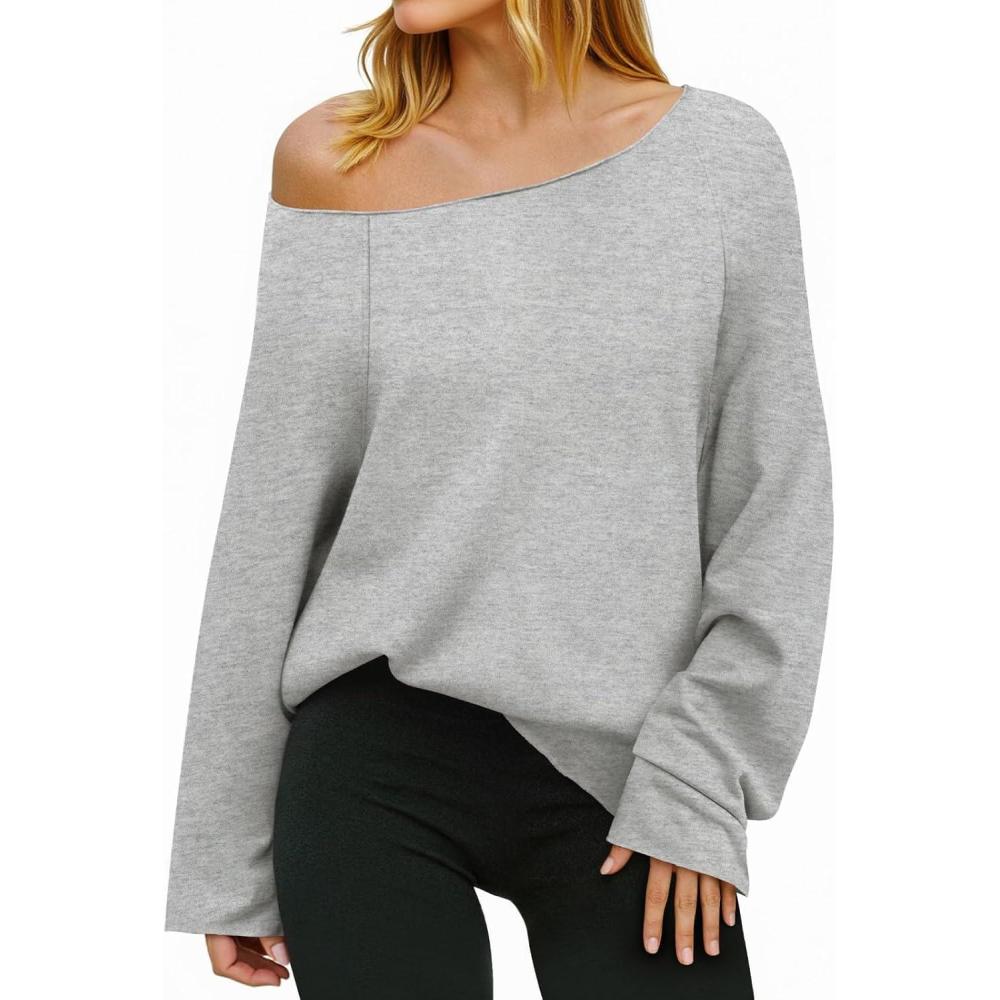 image:imageFisoew Womens Off The Shoulder Tops Sweatshirts Lightweight Oversized Pullovers Long Sleeve Y2k Loose Fit Tunic TopsGrey