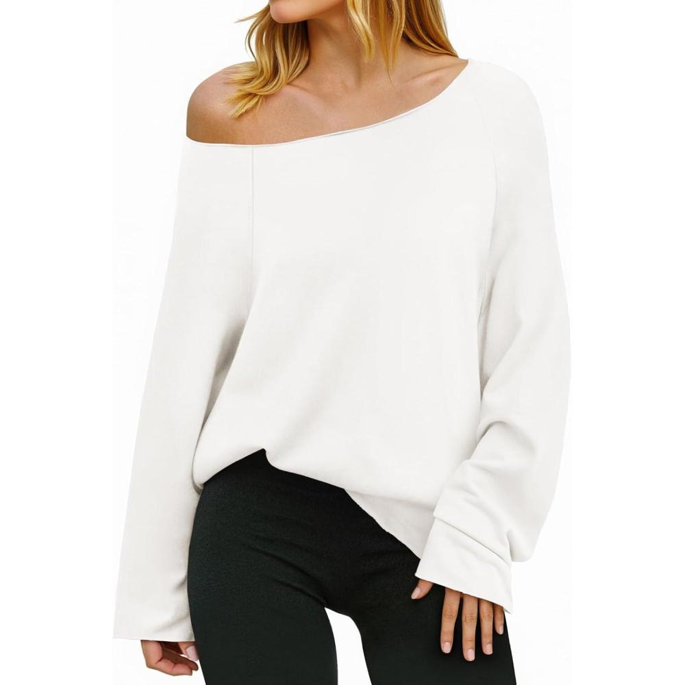 image:imageFisoew Womens Off The Shoulder Tops Sweatshirts Lightweight Oversized Pullovers Long Sleeve Y2k Loose Fit Tunic TopsWhite