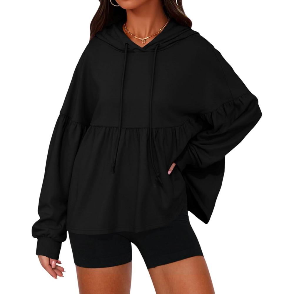 image:imageFisoew Womens Oversized Hoodies Sweatshirts Casual Lantern Long Sleeve Drawstring Peplum Hem Loose Hooded Pullover TopsBlack