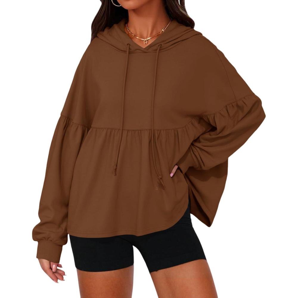 image:imageFisoew Womens Oversized Hoodies Sweatshirts Casual Lantern Long Sleeve Drawstring Peplum Hem Loose Hooded Pullover TopsBrown