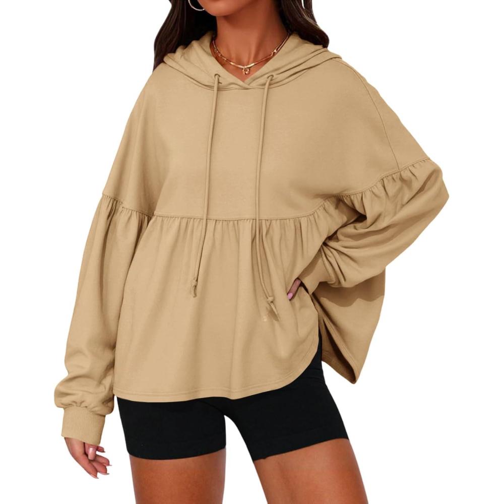image:imageFisoew Womens Oversized Hoodies Sweatshirts Casual Lantern Long Sleeve Drawstring Peplum Hem Loose Hooded Pullover TopsKhaki
