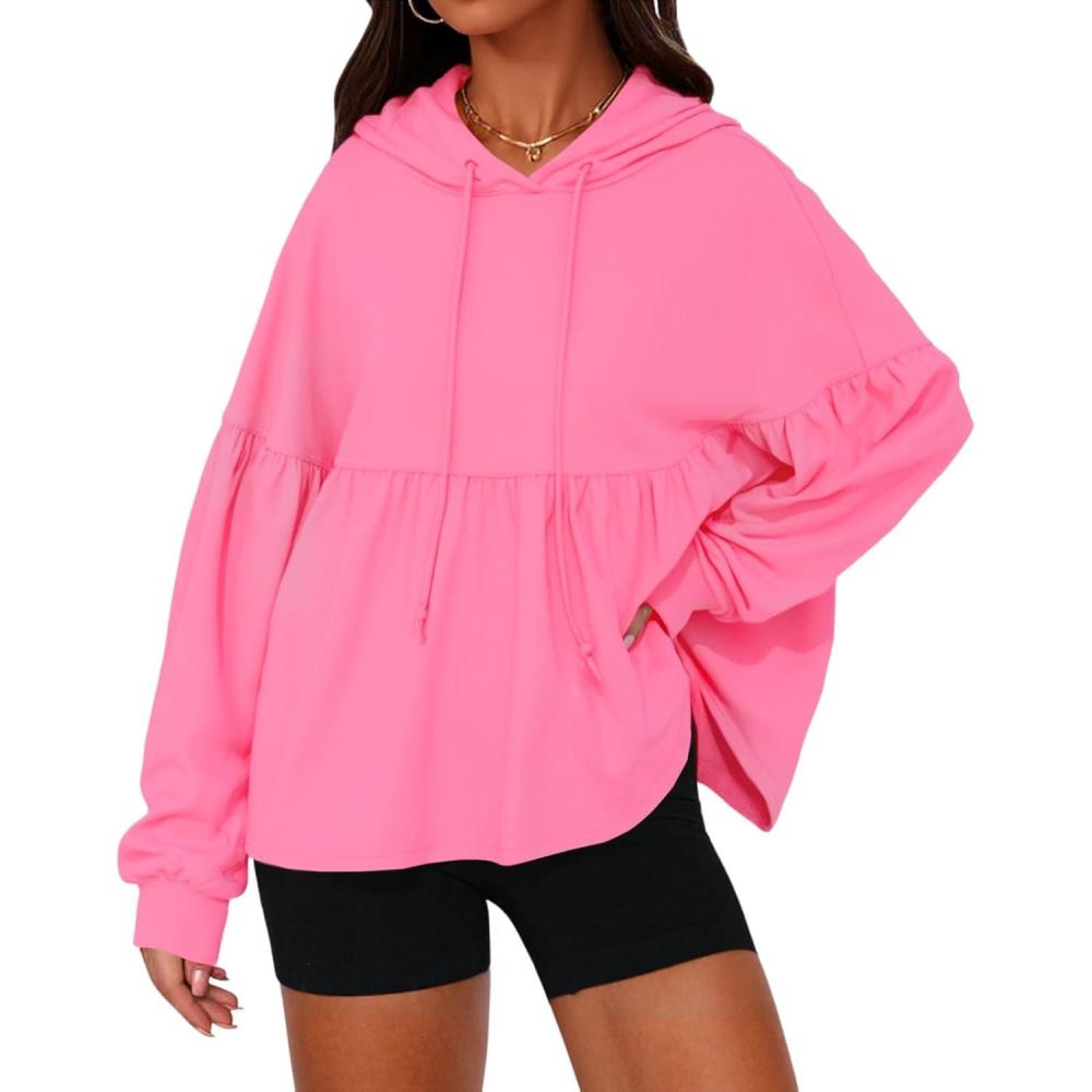 image:imageFisoew Womens Oversized Hoodies Sweatshirts Casual Lantern Long Sleeve Drawstring Peplum Hem Loose Hooded Pullover TopsPink