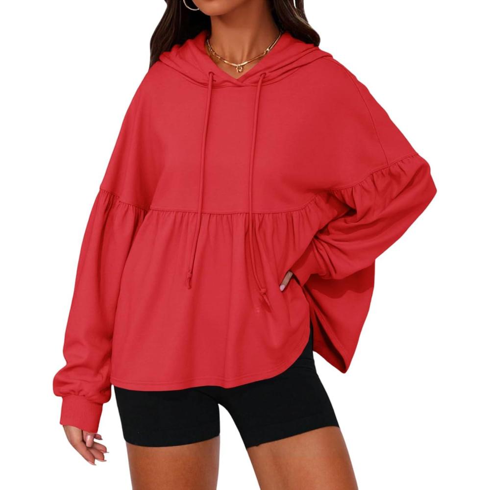 image:imageFisoew Womens Oversized Hoodies Sweatshirts Casual Lantern Long Sleeve Drawstring Peplum Hem Loose Hooded Pullover TopsRed
