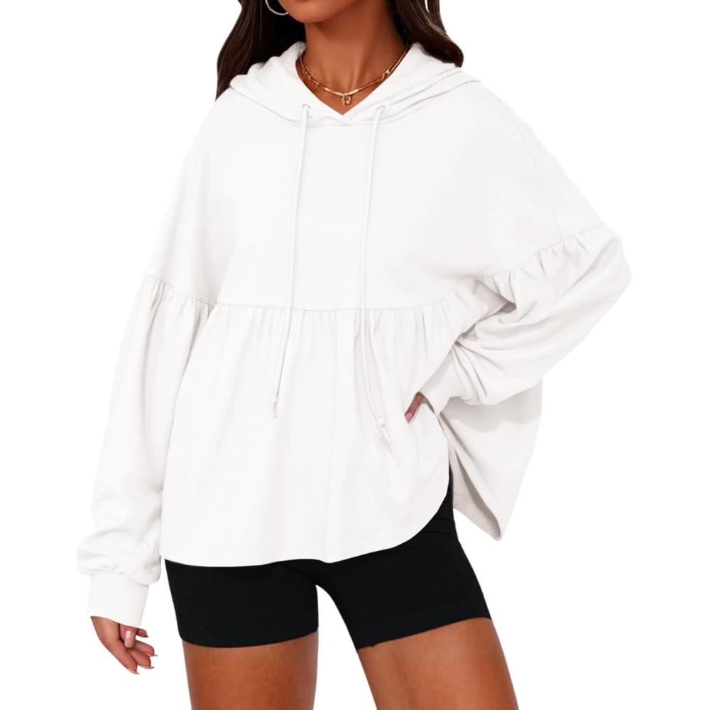 image:imageFisoew Womens Oversized Hoodies Sweatshirts Casual Lantern Long Sleeve Drawstring Peplum Hem Loose Hooded Pullover TopsWhite