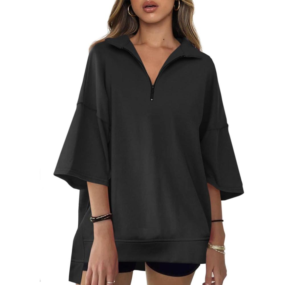 image:imageFisoew Womens Oversized Sweatshirt Casual Zip Up V Neck 34 Sleeve High Low Pullover Tunic TopsBlack