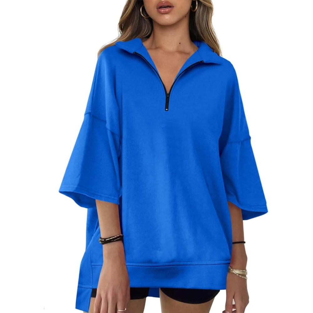 image:imageFisoew Womens Oversized Sweatshirt Casual Zip Up V Neck 34 Sleeve High Low Pullover Tunic TopsBlue