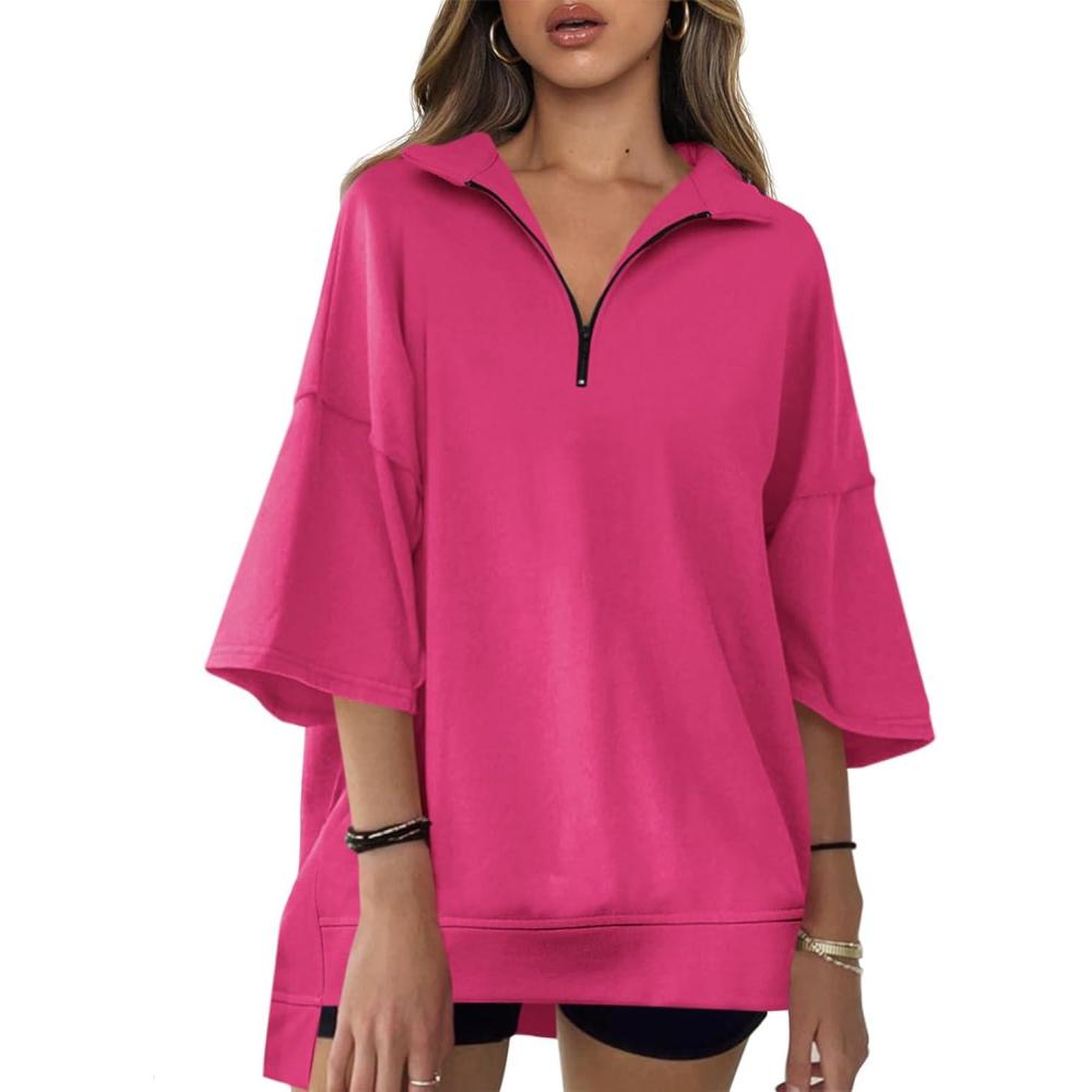 image:imageFisoew Womens Oversized Sweatshirt Casual Zip Up V Neck 34 Sleeve High Low Pullover Tunic TopsRose Red