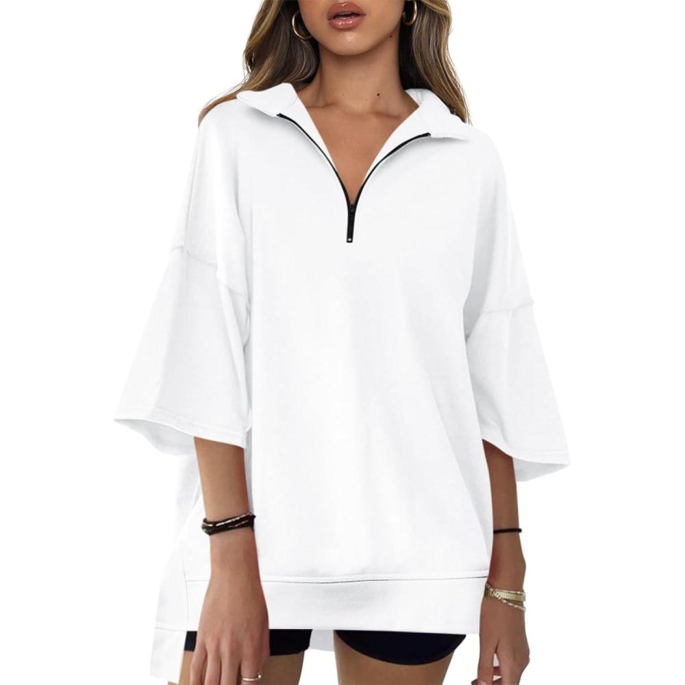 image:imageFisoew Womens Oversized Sweatshirt Casual Zip Up V Neck 34 Sleeve High Low Pullover Tunic TopsWhite