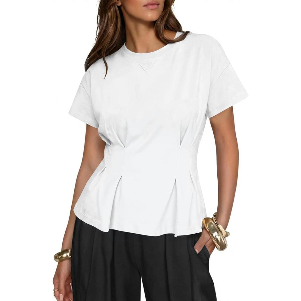 image:imageFisoew Womens Peplum Tops Short Sleeve Babydoll Summer T Shirts Casual Crop Crew Neck Pleated Blouses White