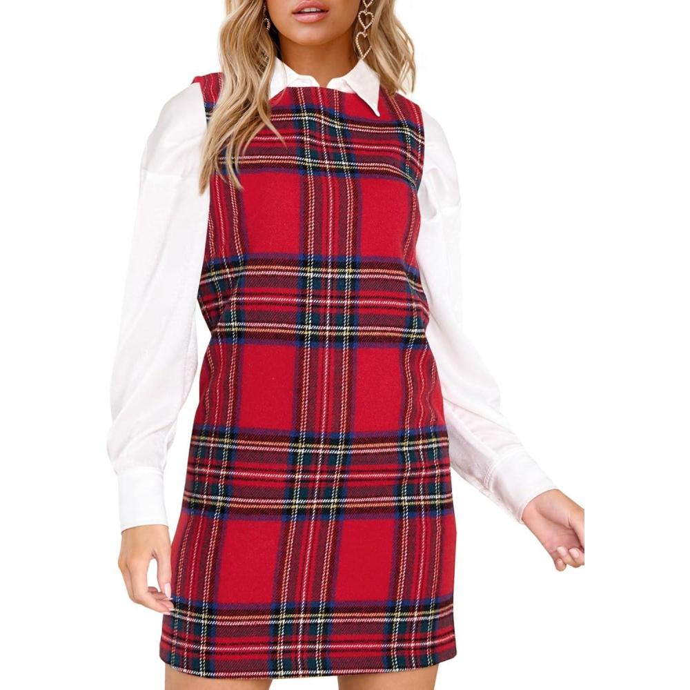 image:imageFisoew Womens Plaid Christmas Dress Mini Sleeveless Round Neck A Line Short Xmas Party DressesRed