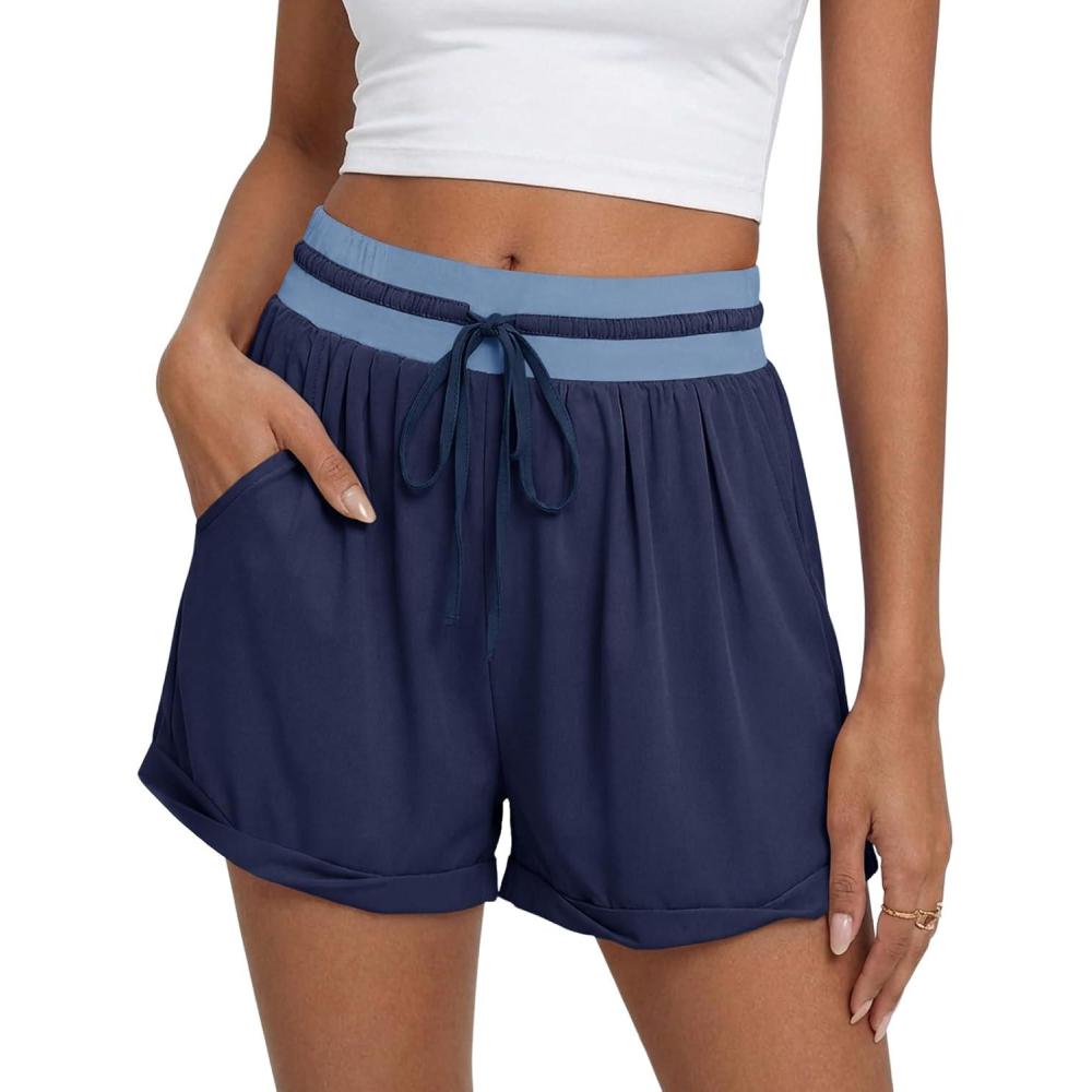 image:imageFisoew Womens Running Shorts Lightweight Color Block High Waisted Drawstring Workout Yoga Athletic Shorts PocketsDark Blue