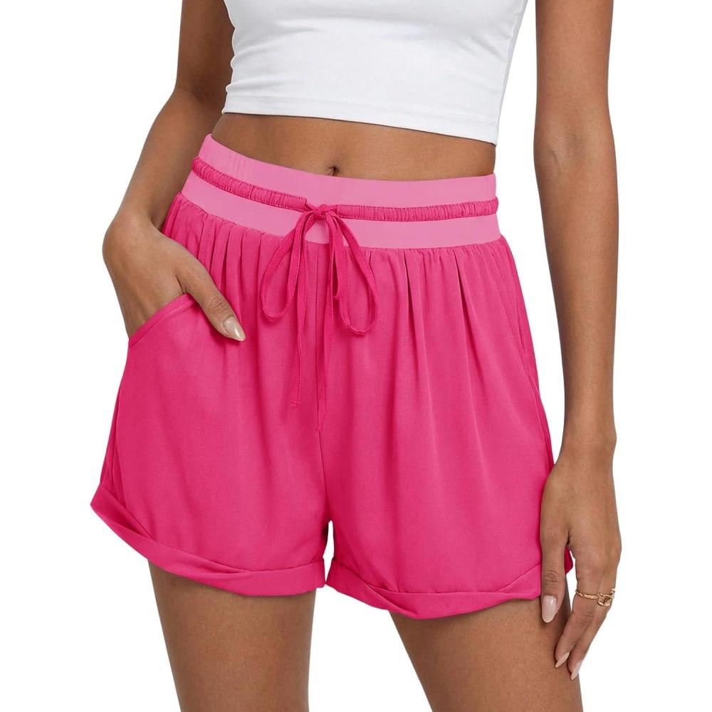 image:imageFisoew Womens Running Shorts Lightweight Color Block High Waisted Drawstring Workout Yoga Athletic Shorts PocketsPink