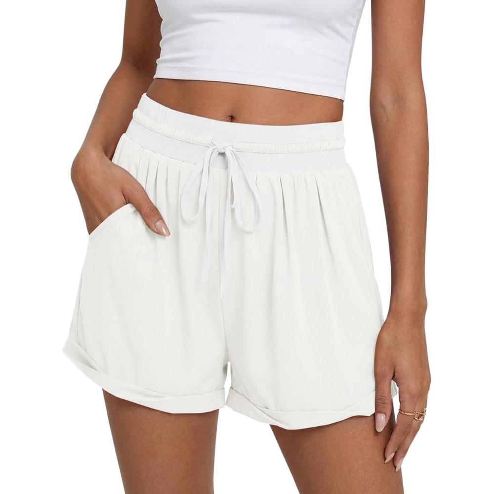 image:imageFisoew Womens Running Shorts Lightweight Color Block High Waisted Drawstring Workout Yoga Athletic Shorts PocketsWhite