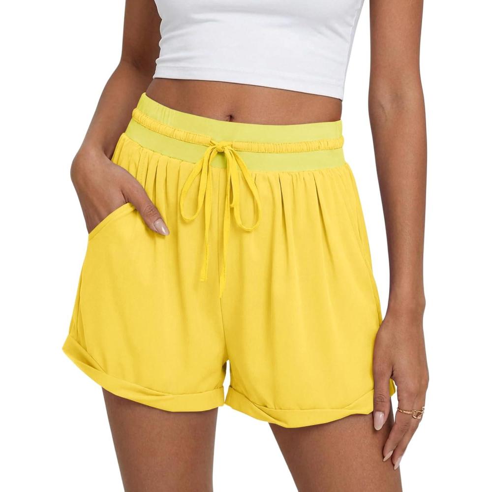 image:imageFisoew Womens Running Shorts Lightweight Color Block High Waisted Drawstring Workout Yoga Athletic Shorts PocketsYellow