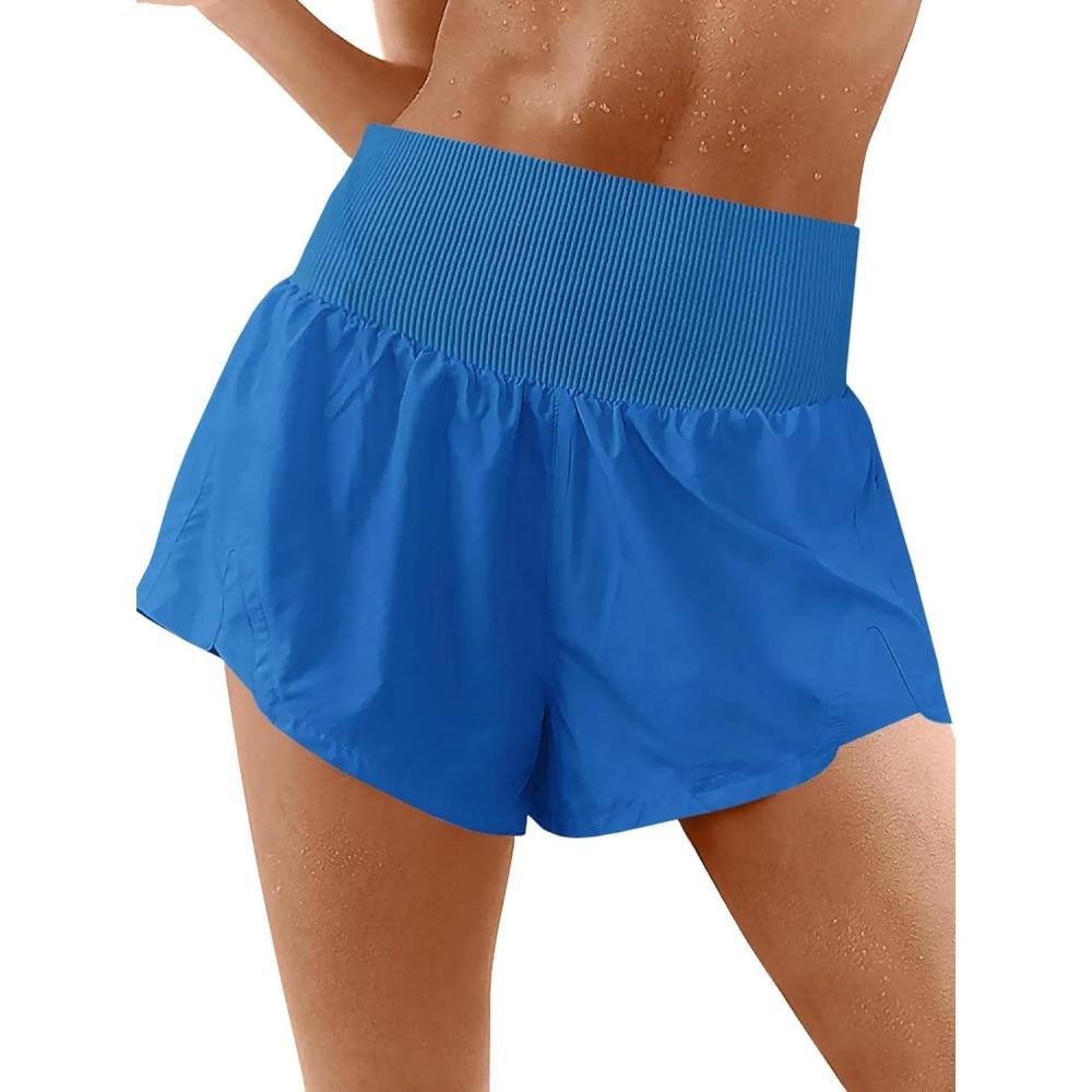 image:imageFisoew Womens Running Shorts Workout Elastic High Waisted Loose Fit 2 in 1 Gym Yoga Biker Shorts Blue
