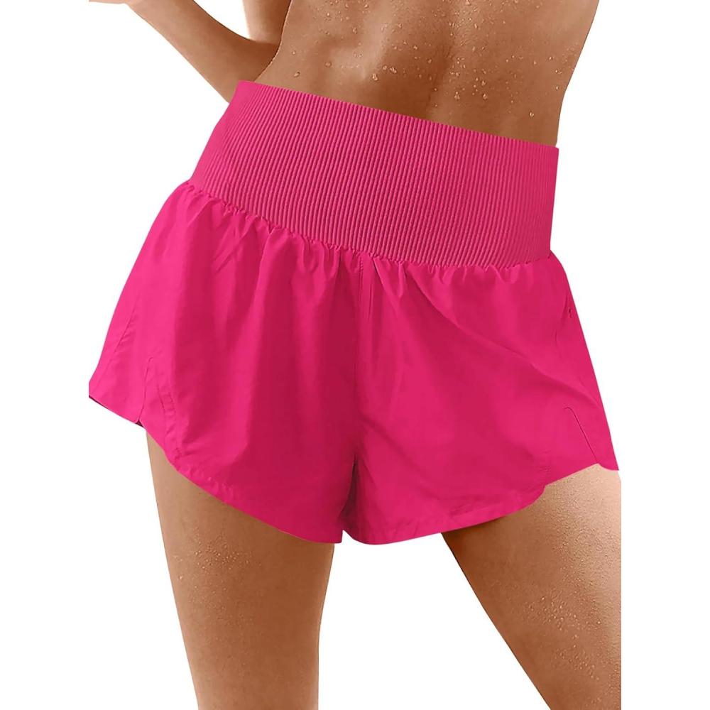 image:imageFisoew Womens Running Shorts Workout Elastic High Waisted Loose Fit 2 in 1 Gym Yoga Biker ShortsRose Red