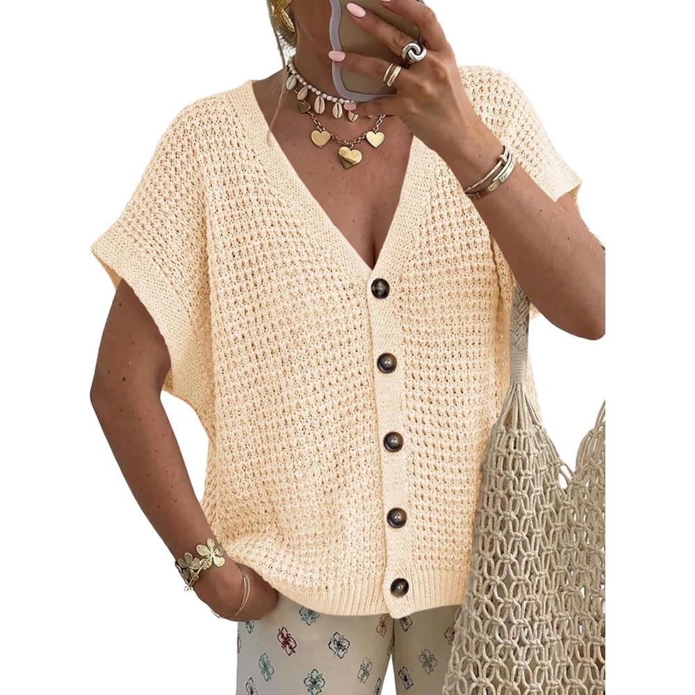 image:imageFisoew Womens Short Sleeve Crochet Cardigans Sweater Tops Summer Button Down V Neck Casual Knit Hollow Out Beach Cover UpsApricot