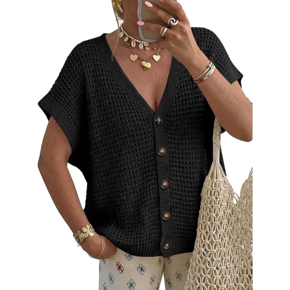 image:imageFisoew Womens Short Sleeve Crochet Cardigans Sweater Tops Summer Button Down V Neck Casual Knit Hollow Out Beach Cover UpsBlack