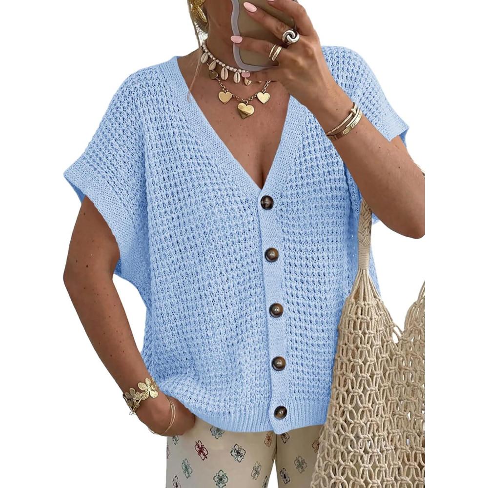 image:imageFisoew Womens Short Sleeve Crochet Cardigans Sweater Tops Summer Button Down V Neck Casual Knit Hollow Out Beach Cover UpsBlue