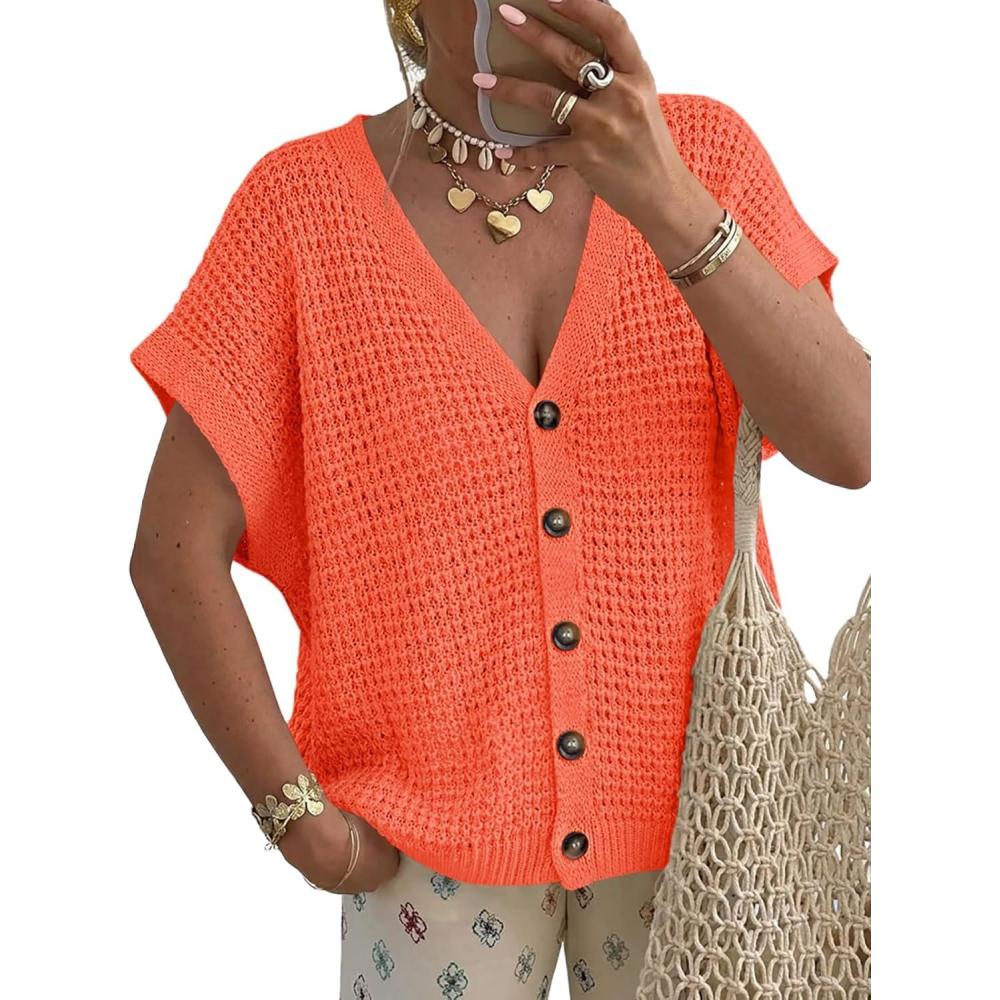 image:imageFisoew Womens Short Sleeve Crochet Cardigans Sweater Tops Summer Button Down V Neck Casual Knit Hollow Out Beach Cover UpsOrange
