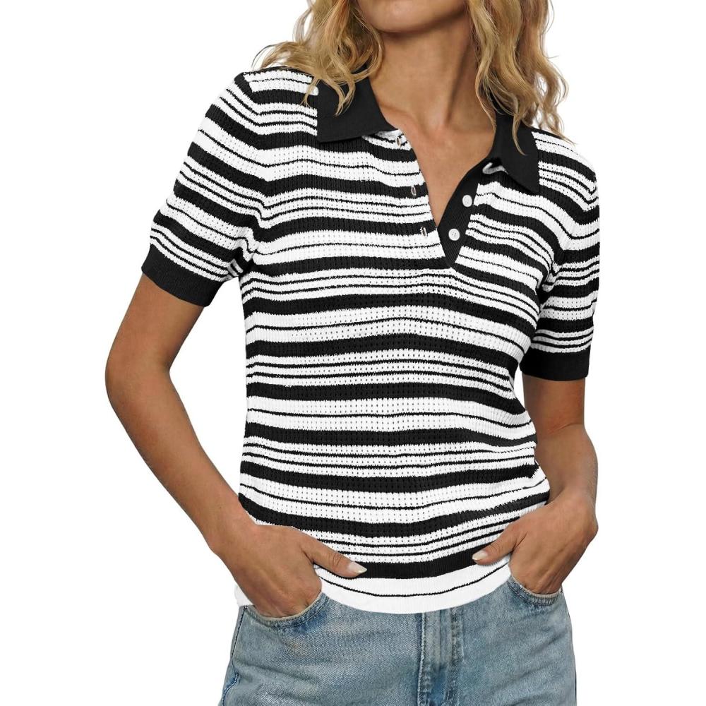 image:imageFisoew Womens Striped Knit Polo Shirts Short Sleeve Collared Cotton Shirt Casual Summer Pullover Sweater Tee TopsBlack