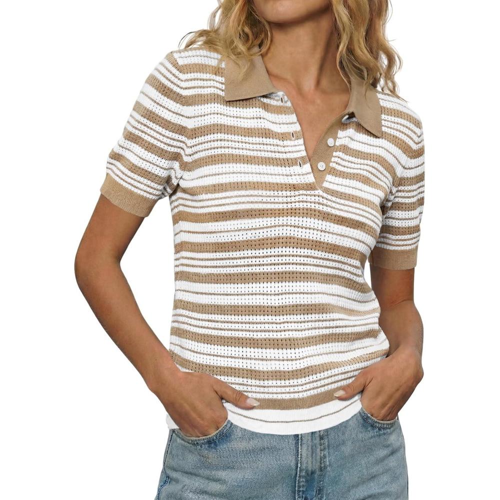 image:imageFisoew Womens Striped Knit Polo Shirts Short Sleeve Collared Cotton Shirt Casual Summer Pullover Sweater Tee TopsKhaki