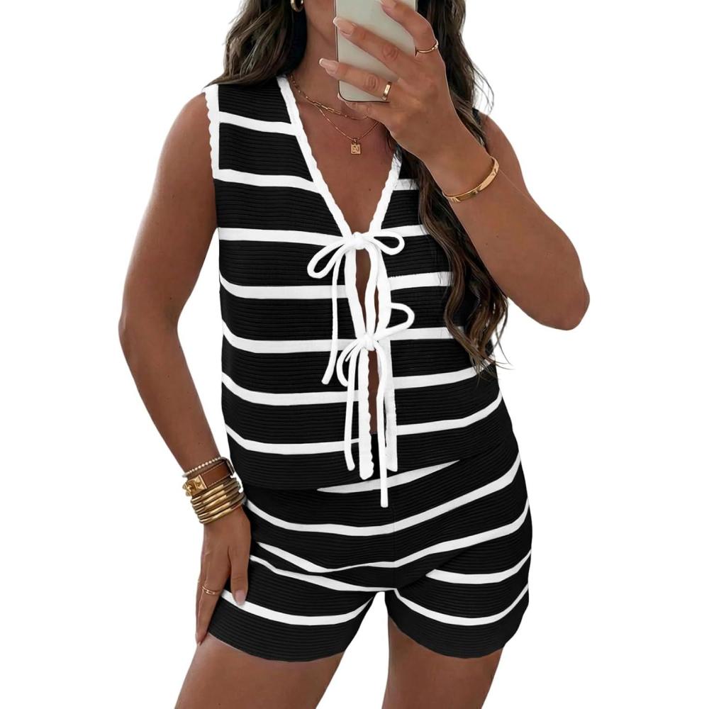 image:imageFisoew Womens Striped Swimsuit Coverup Sets Sleeveless Bow Tie Tank Tops Knit Shorts Sets Loose Summer Beach Vacation OutfitBlack