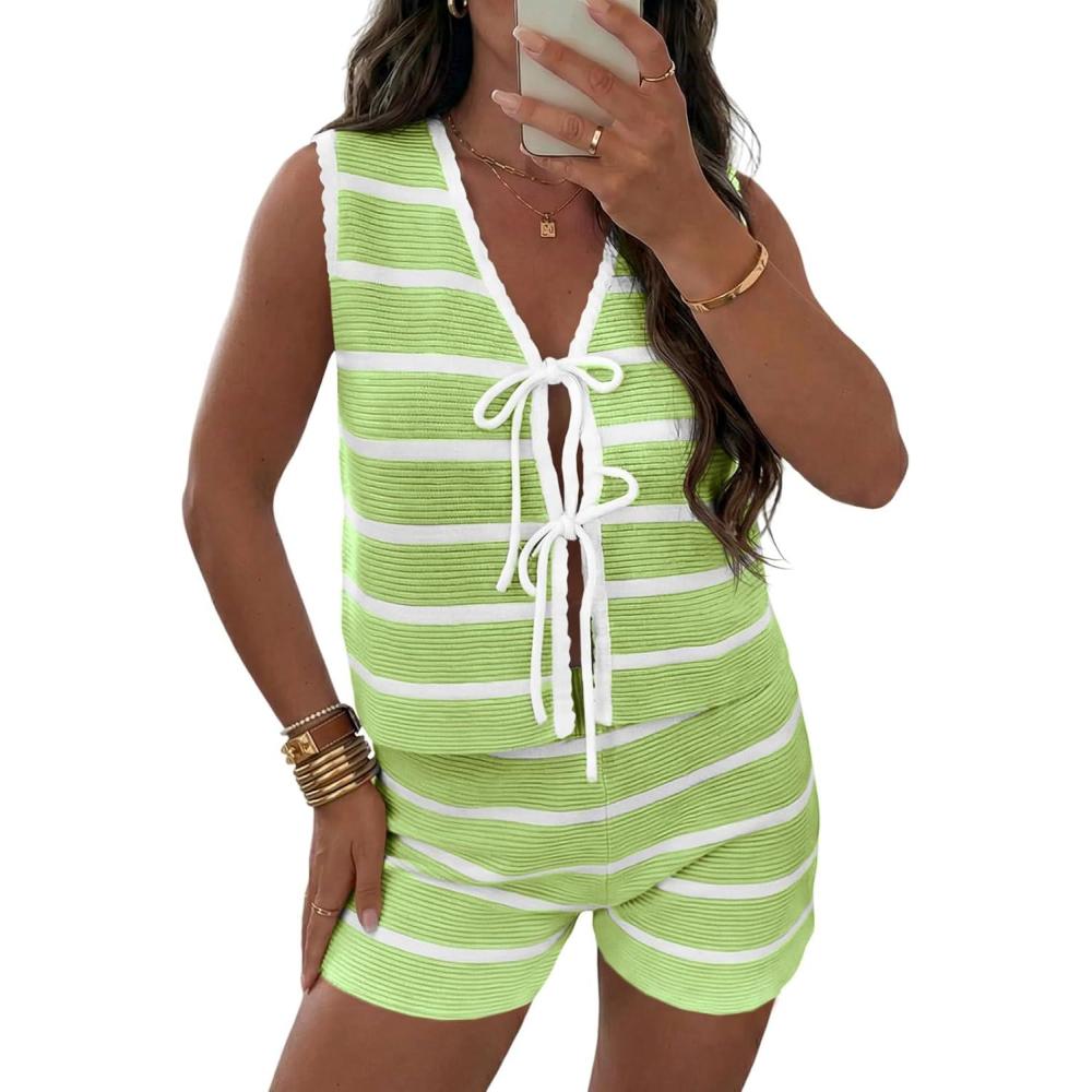 image:imageFisoew Womens Striped Swimsuit Coverup Sets Sleeveless Bow Tie Tank Tops Knit Shorts Sets Loose Summer Beach Vacation OutfitGreen