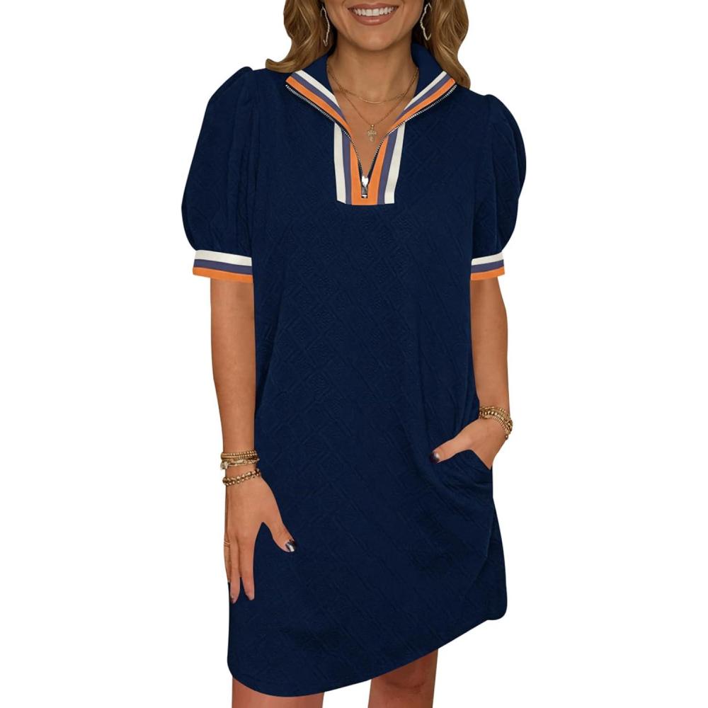 image:imageFisoew Womens Summer Puff Short Sleeve Mini Dress Quarter Zip V Neck Casual Textured Loose Fit Active Sweatshirt DressesNavy