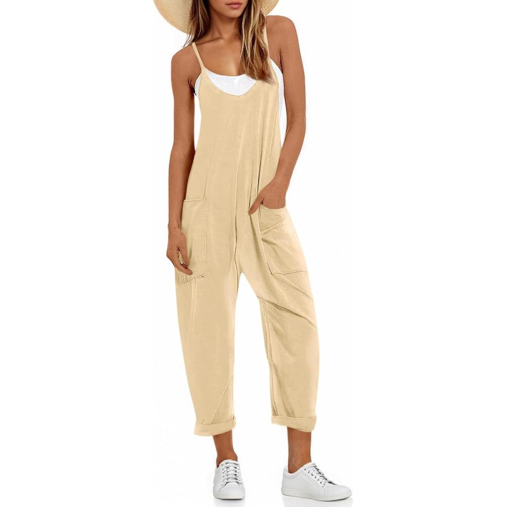 image:imageFisoew Womens Summer Sleeveless Loose Casual V Neck Jumpsuits Spaghetti Strap Long Pants Baggy Overalls with PocketsBeige