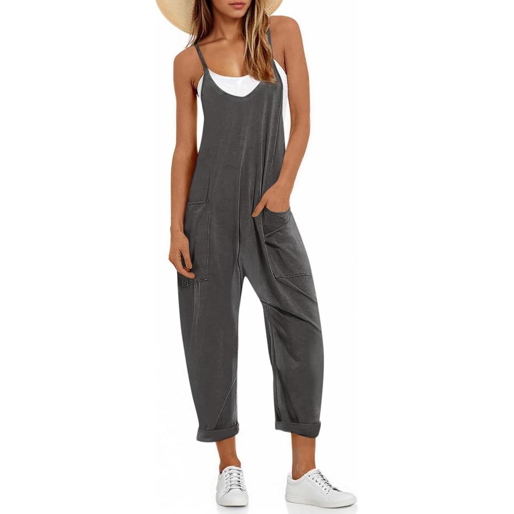 image:imageFisoew Womens Summer Sleeveless Loose Casual V Neck Jumpsuits Spaghetti Strap Long Pants Baggy Overalls with PocketsDark Grey