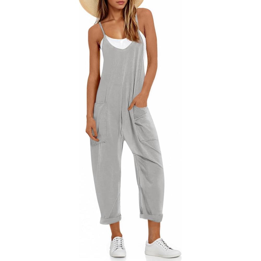 image:imageFisoew Womens Summer Sleeveless Loose Casual V Neck Jumpsuits Spaghetti Strap Long Pants Baggy Overalls with PocketsGrey
